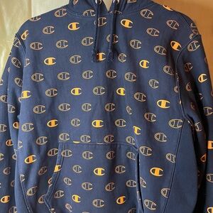 Champion Blue and Orange Hoodie Sweater with Iconic Logo Pattern